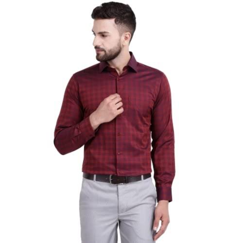Cotstyle Men Maroon Checkered Luthai Supima Mercerised Cotton Full Sleeve Formal Shirt - 40