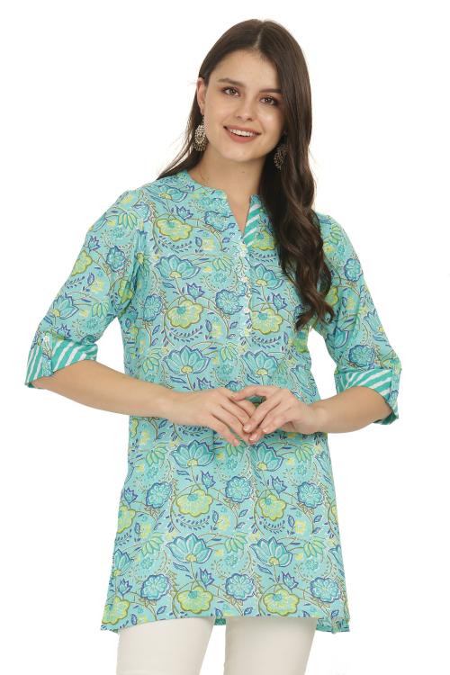 Jivitha Block Print Short Kurta with Lehariya Print Contrast Band Neck Line