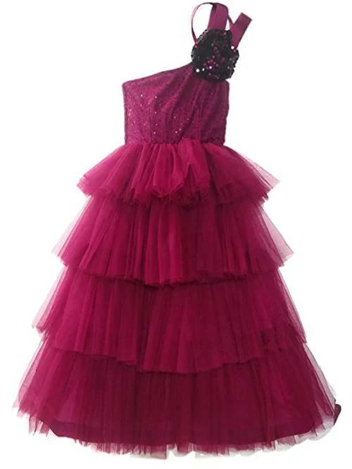TILISM Girls Maxi Layered Purple Tulle Dress Gown