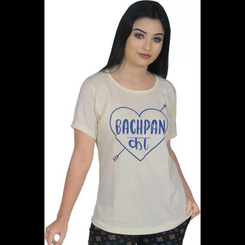 CLOTH HUT Women Printed Round Neck Pure Cotton White T-Shirt