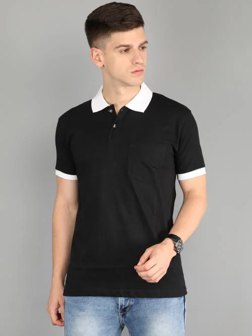 Fleximaa Men's Cotton Black Polo Neck T-Shirt With Opposite Color Collar Cuff