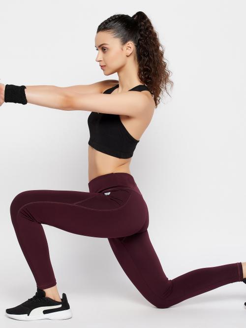 Clovia Women's High-Rise Active Tights in Wine Colour with Side Pocket