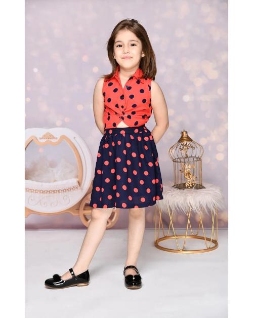 Lilpicks Girls Rust Blue Polka Knot Cut Out Dress