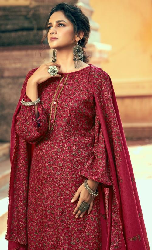 DRAVINAM Trends Women's Unstitched Kani Kashmiri Print Woolen Pashmina Salwar Suit Dress Material With Pashmina Printed Shawl Dupatta | Dress Material For Women | Unstitched Kurta Set (Red)