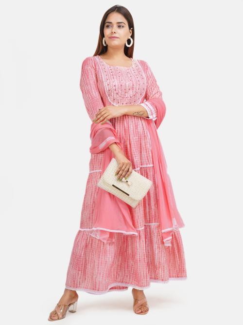 Pink Weaves Women Pink & White Embroidered Ethnic A line Tiered maxi Dress With Dupatta