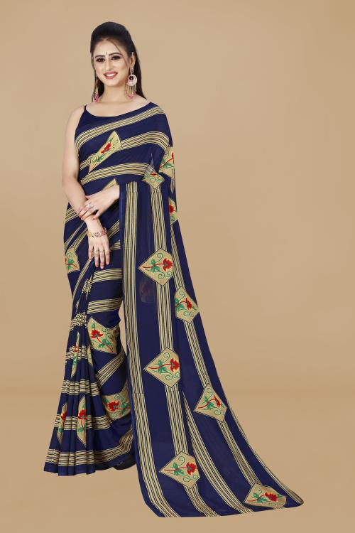 Anand Women Blue Self Design Pattern Georgette Single Saree Without Blouse