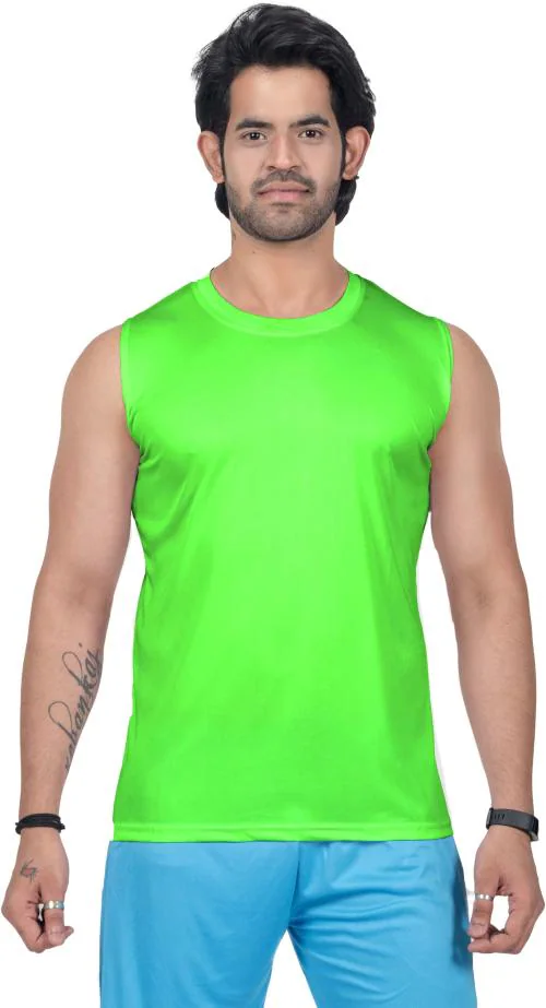 PRIME PLUS Neon Green Solid Polyester Round Neck T-Shirt Vest - XL