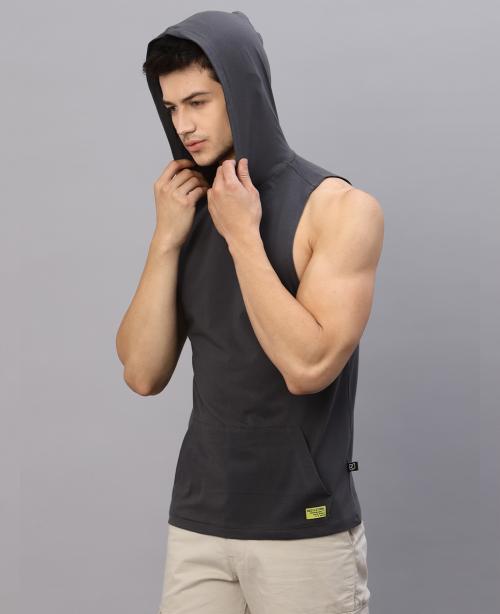 Rigo Men Dark Grey Hooded With Kangaroo Pocket Sleeveless T-Shirt Vest