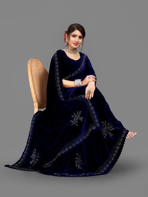 Dream Crushers Women's Saree Work beautiful Siroski Dimonand Work threads and Cut Broder work with Siroski Work Lace (Navy Blue)