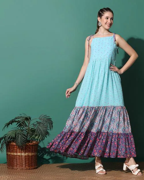 Fashion Dream Women Sky Printed Georgette Dress | Dresses| Women Dress| Maxi Dresses| Dress for Women| Maxi Dresses For Women | Women Casual Dress | Tiered Dress| Maxi |Printed Dress
