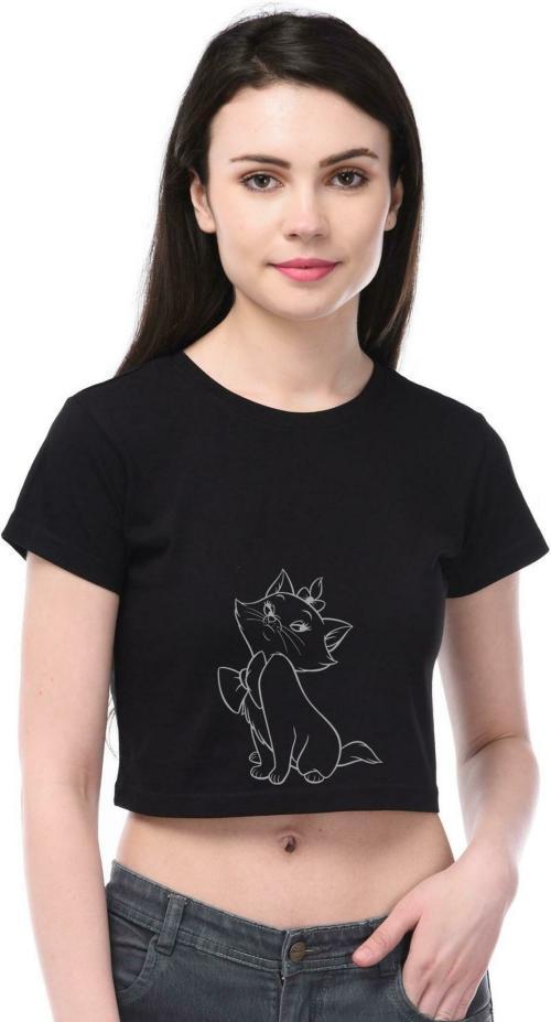 GirlsNCurls Women Black Printed Pure Cotton Crop Top, XS JioMart