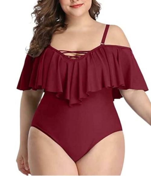 Plus Curvves Plus Size Red Color Ruffled One-Piece Set Swimwear - 2XL