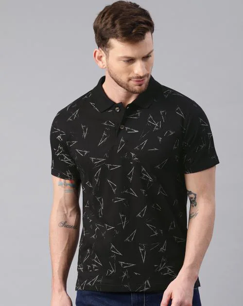 Kryptic Men Black Printed Cotton Polo Collar T-shirt