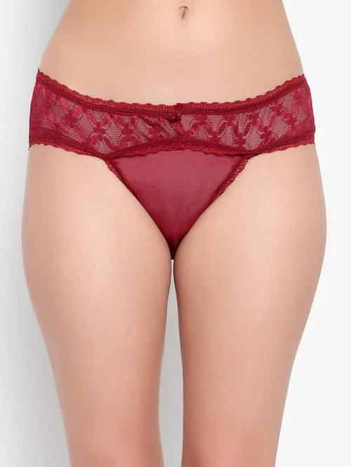 Bruchi Club Women's Mid Waist Frilled Floral Sheer Lace Hipster Wine Red Nylon Panty | Panty | panties | pantie | Hipsterpanty | Cottonpanty | innerwear