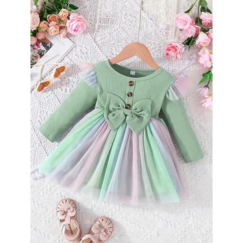 FABYARN Broadbill Full Sleeve Modal and Multicolor Net Baby Girl Frock Stripe Pattern Dress for Kids a Line Dress Party Outfit Girls-Dress Casual-Baby-Dress Toddler-Frock Summer frock Baby-shower-gift 1 Pcs (Green) 2-3 year