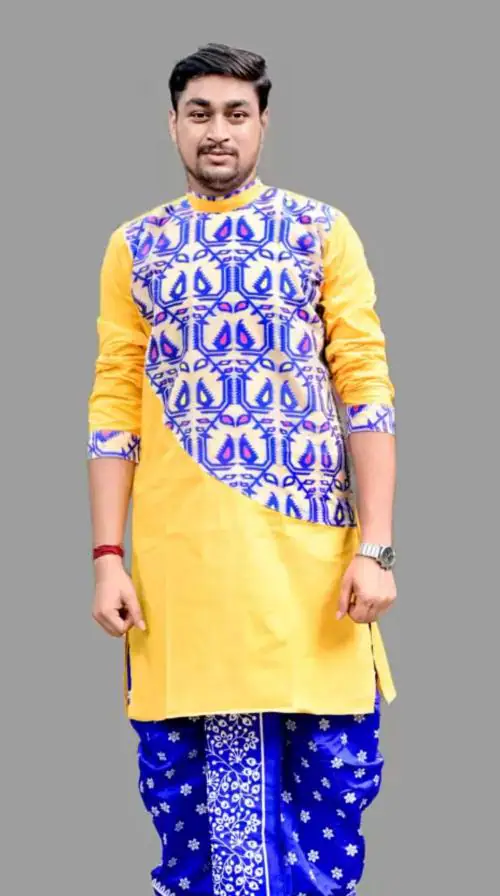 Needle Men Self Design Pure Cotton Ethnic Dress Yellow