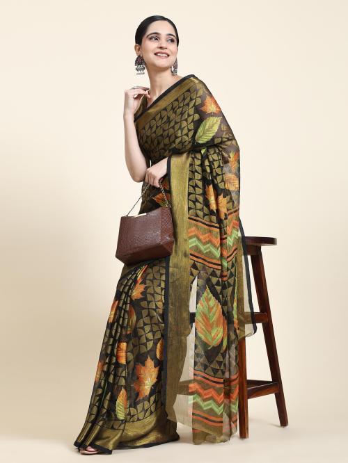 Rujave Women Green Digital Print Brasso Daily Wear Saree
