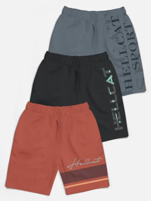 HELLCAT Boys Multicolor12 Cotton Blend Typographic Pack Of 3 Shorts
