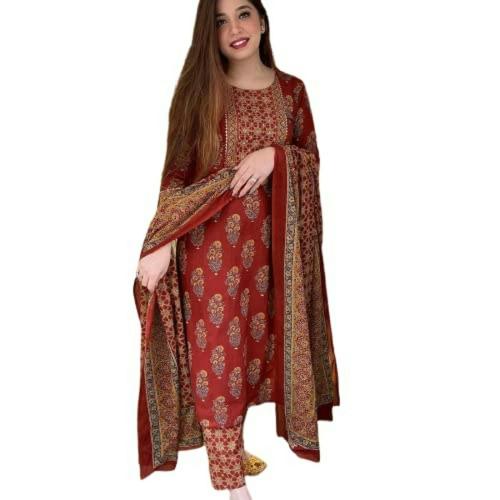 KARATI CREATIONS Women's Cotton Blend Straight Printed Kurta with Pant & Dupatta (Patni)