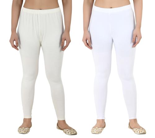 PREEGO Women Off-White & White Ankle Length Solid Leggings Pack Of 2