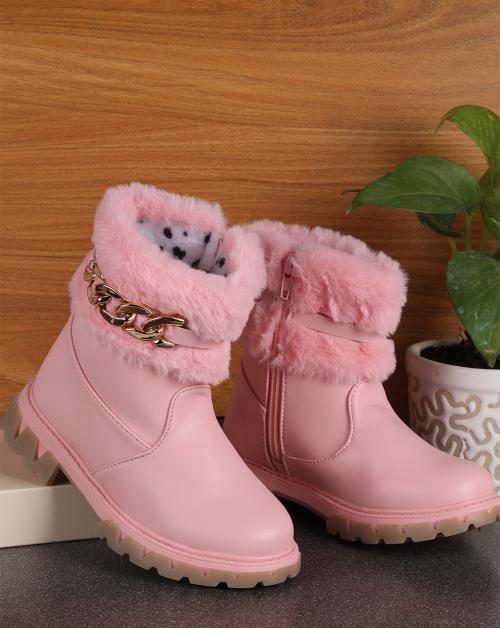 Passion Petals PU Winter Boots With Side Belt Chain For Girls - Pink