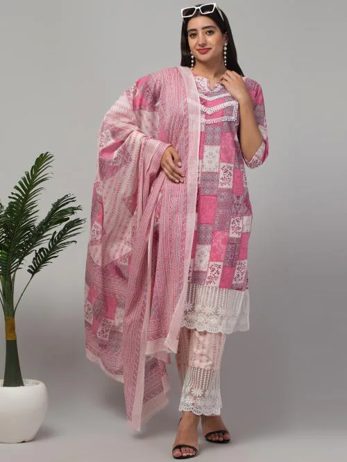 Bestic Fashion Women's Elegant Pure Jaipuri Cotton Straight Kurti-Pant Set with Dupatta