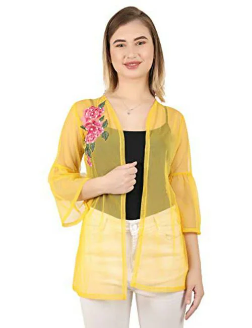 UNFAKENOW Women Yellow Net Embroidered Shrug
