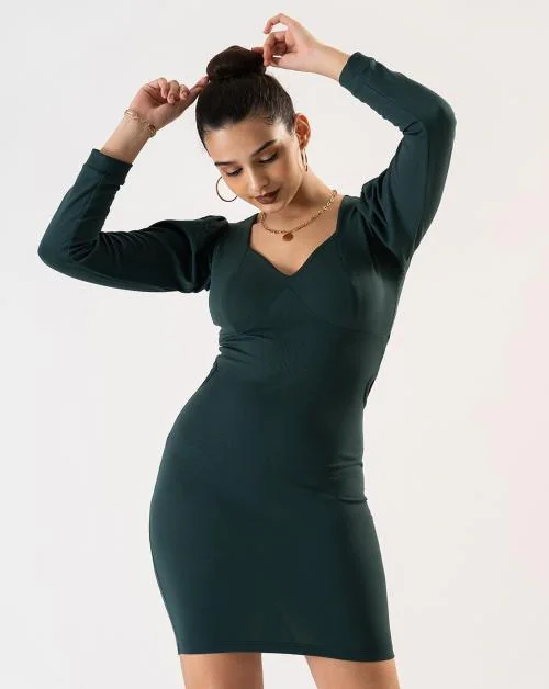 Prettify 100% Cotton Women Dark Green Single Bodycon Dresses