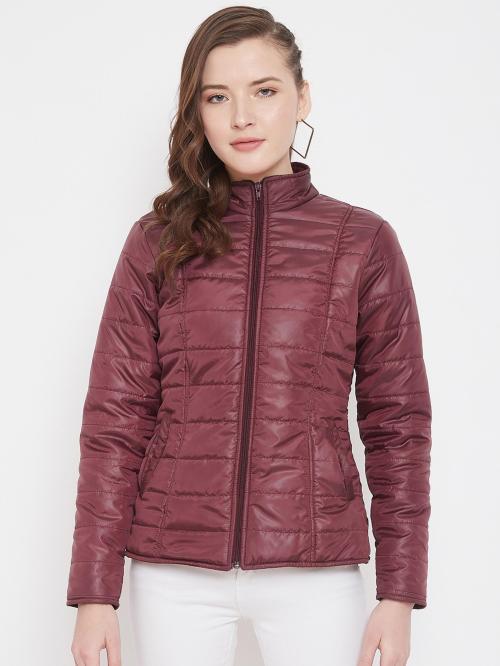 Purys Women Maroon Solid Polyester Bomber Jacket