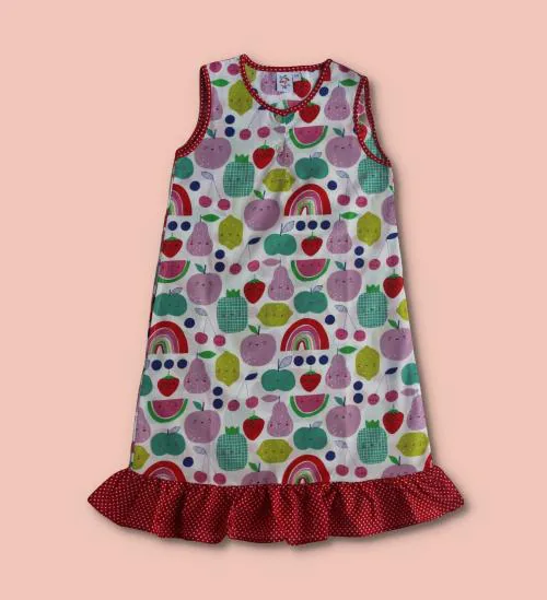 Natkhat Kids Girls Maroon Cotton One Piece Night Wear with a Side Pocket and Frills 3 - 4 Years