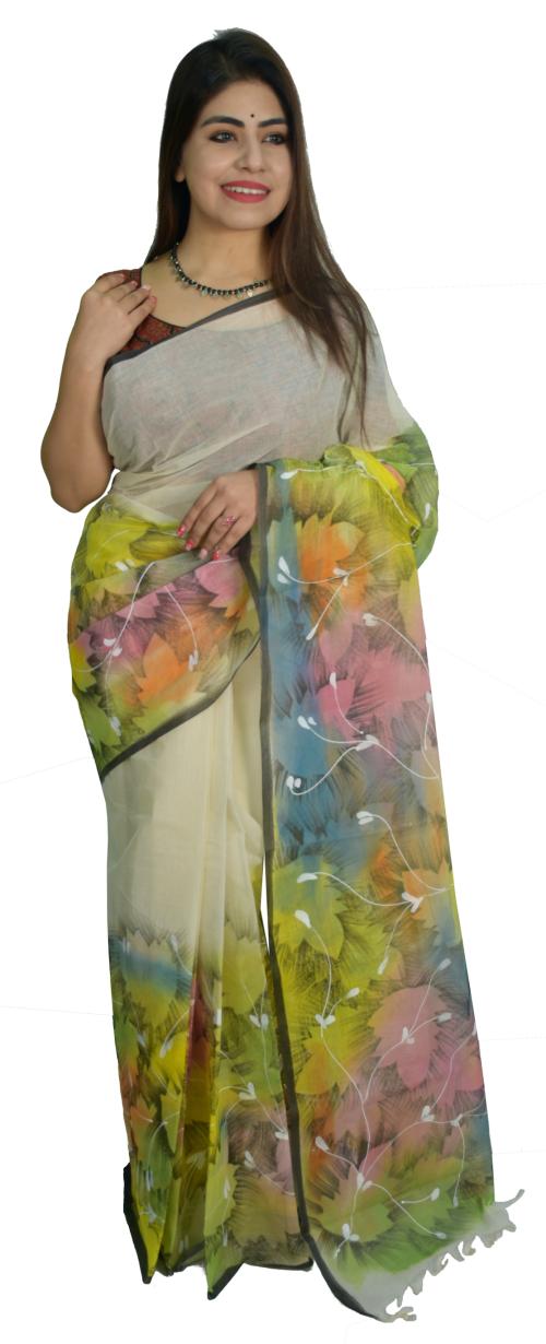 Kheyali Boutique Hand Painted White Pure Tant Cotton Saree