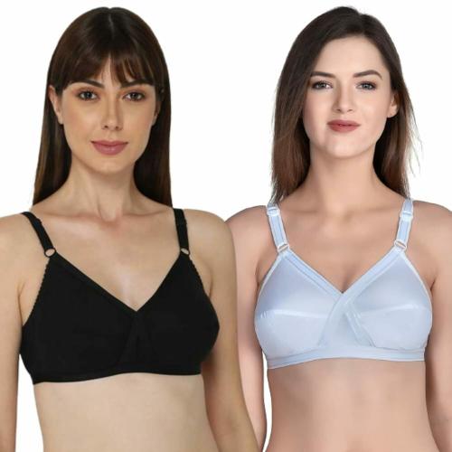 FASHION BONES Women's Cotton Cross Bra for Women and Girls | Full Coverage, Non-Padded | Daily Use Cotton Bra | Black-White (Combo of 2)-36