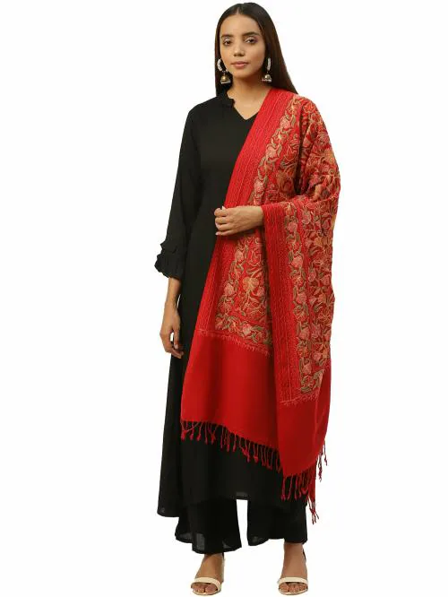 Anekaant Red & Multi Floral Embroidered Acrowool Shawl