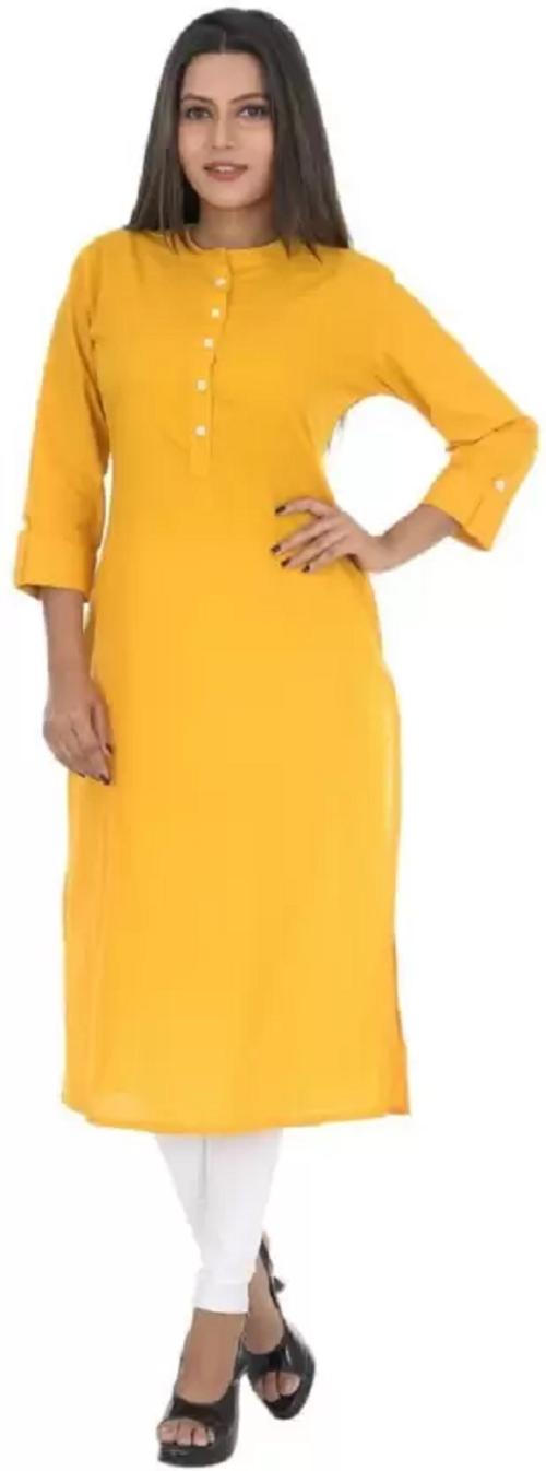 OWSKRTI Exclusive Rayon Regular Round Neck Casual Wear Straight Kurta for Women (Yellow)