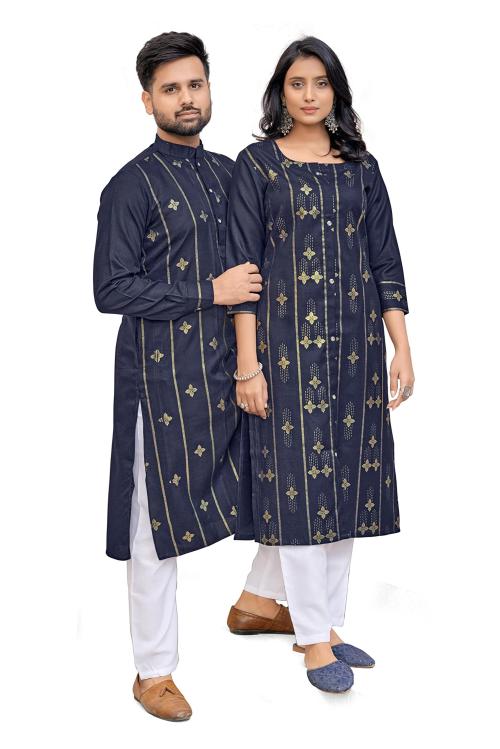 Zarkle Men And Women Blue Foil Print Pure Cotton Couple Kurta Pajama And Kurti Pant Set (Men-M And Women-M)