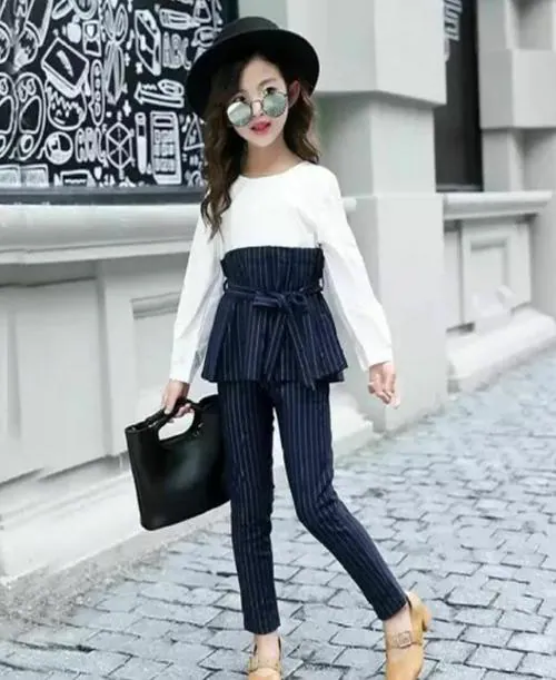 RLG Girls Designer Fusion Wear Top &Plazo Set(top and Black Stripe Pant)