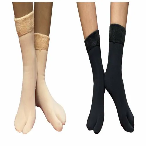 Glus Unisex Winter Thermal Fleece Fur Inside Cozy Socks 2 Pairs, Color- Black ,Skin
