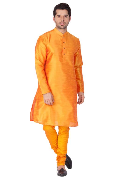 Vastramay Men's Orange Silk Blend Kurta Pyjama Set