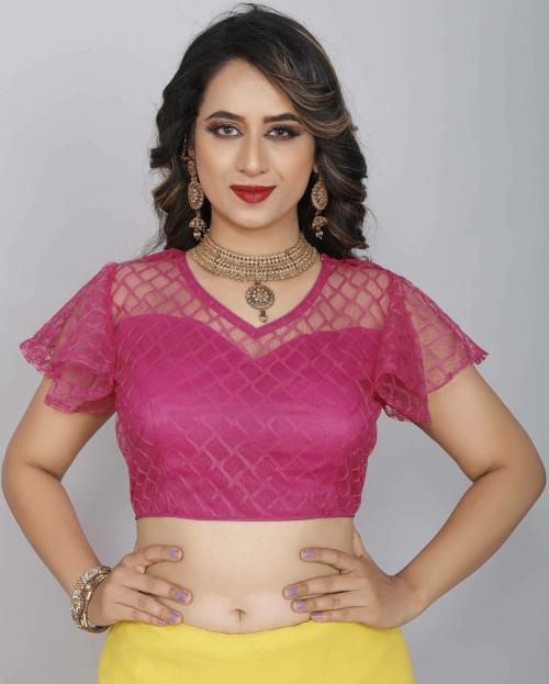 Owee Women Pink Self Design Net Party V Neck Blouse