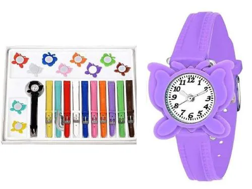 KIROH Analogue 11 belt PU Strap Interchangeable Chidren Girl's Watch (Butterfly White Dial Multicolored Strap)