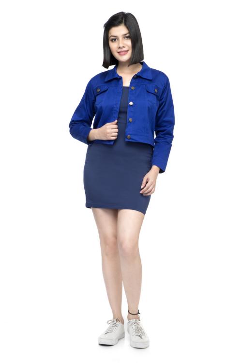 Lambency Women Blue Solid Cotton Blend Denim Jacket