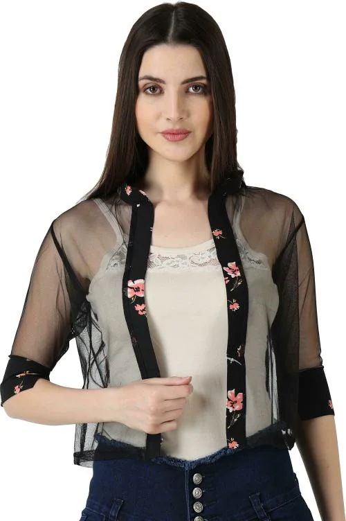 DGDNDY Women Black Self Design Net Shrug (M)