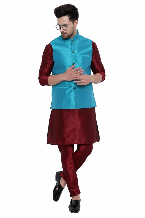 ONNIX Men's Silk Kurta Pajama With Modi Jacket, nehru Jacket With Kurta Pajama, Wedding Dress For Men, Indian Waistcoat For Men