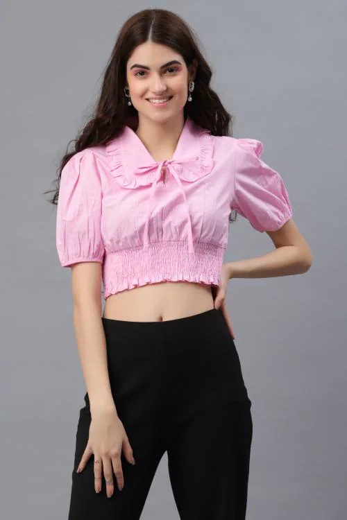 Pretty Loving Thing Collared Neck Puff Sleeve Solid Pink Color Crop Tops for Women