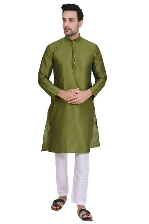 Sheriff Men's Art Silk Mehendi Green Kurta with Cotton Aligarhi Pyjama|Men's Kurta Pyjama|Festive Kurta Pyjama|
