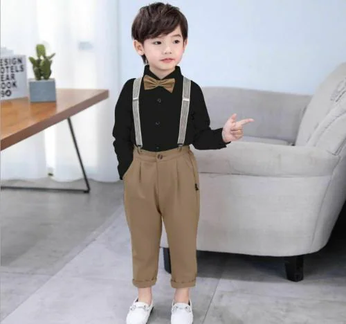 Froquiliz Boys Party Wear Shirt Pant, Bow Tie, Suspenders Dungaree Brown 2-3 Y