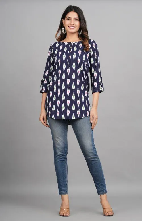 EMEE Y Designer Women's Printed Kurti Cotton Short Kurti For Jeans - Blue - XL