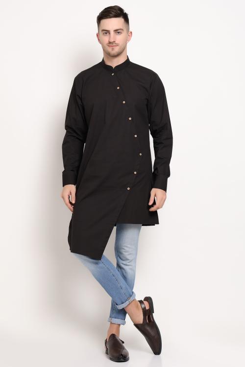 MIDAV Men's Angrakha Over-lap Black Kurta