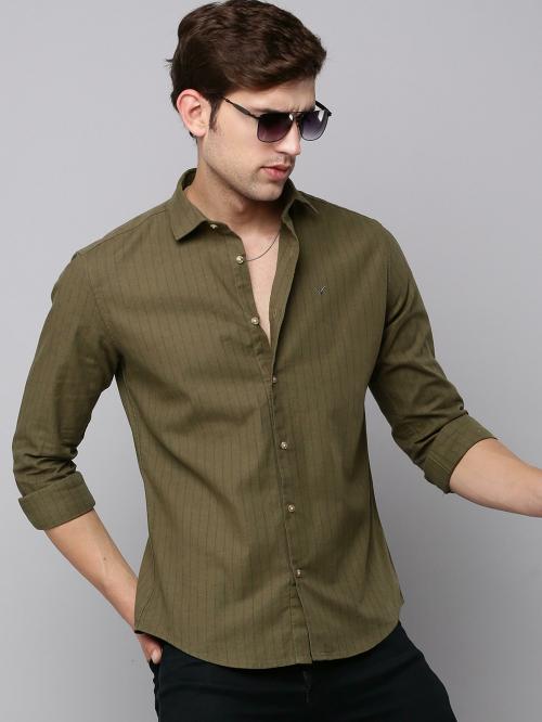 SHOW OFF Men's Olive Striped Cotton Shirts
