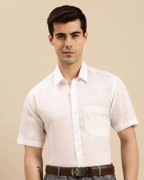 Ramraj Men White Solid Linen Shirts